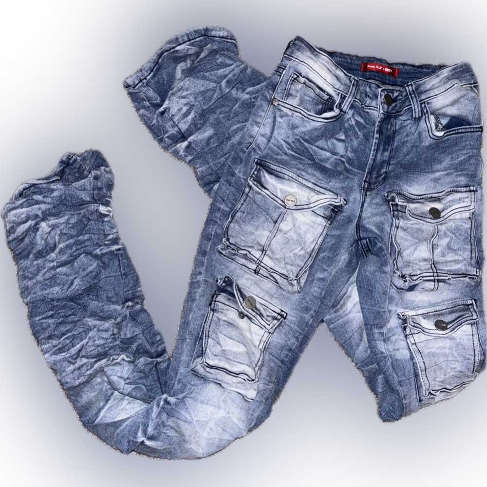 Smoke rise RED Blue wash denim stacked/ bunched - ranched pockets jeans sz small